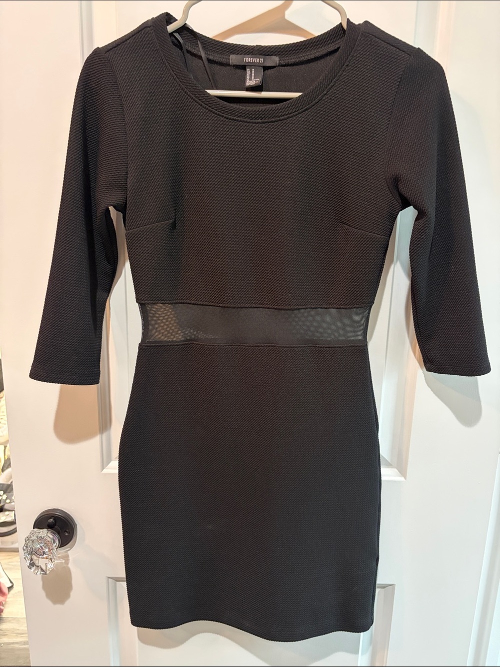 Forever 21 Black Textured Mesh-Waist Long Sleeve Bodycon Dress